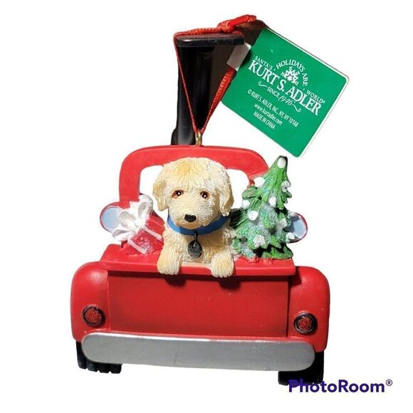 Kurt Adler Labradoodle Dog Christmas Ornament Red Truck Room to Personalize - Picture 1 of 10